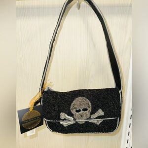 Glamorous Black Beaded Skull Shoulder Bag